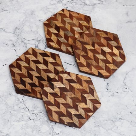 Handcrafted Brown Pattern Wooden Coasters - Pack of 4